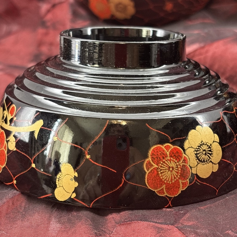 Japanese Lacquerware Bowls Soup Rice Noodles Red Black Gold Floral Miso Japan - Picture 6 of 16